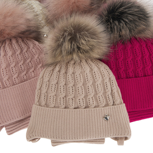 Girl's winter set: hat and tube scarf ecru with pompom Tukana