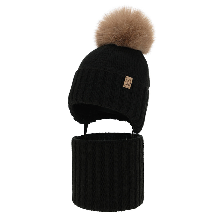 Boy's winter set: hat and tube scarf, black, with pompom, Talens