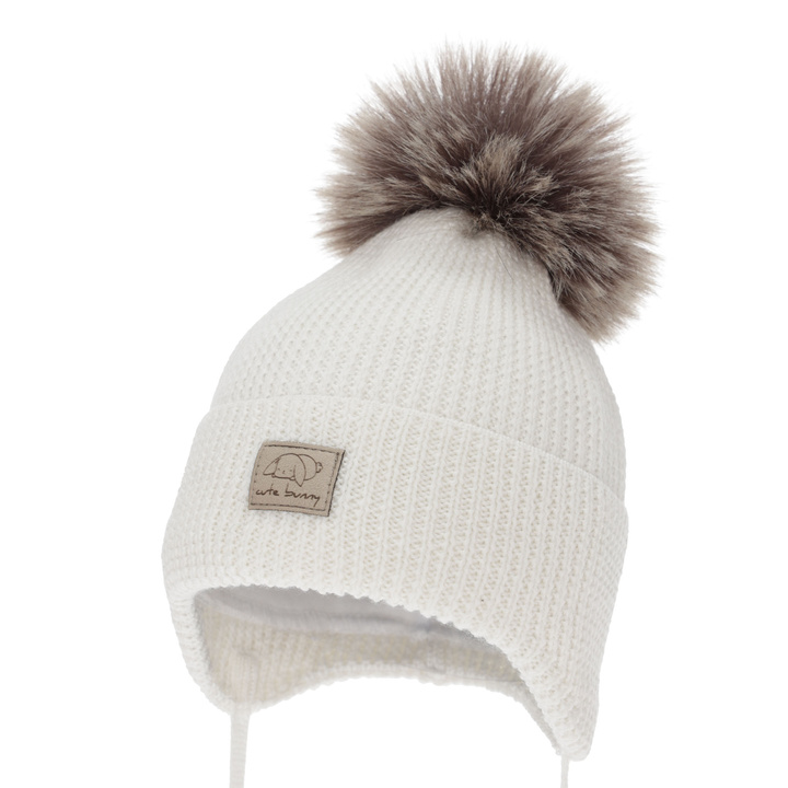 Girl's winter hat, cream, with ears, 100% merino wool, Jena