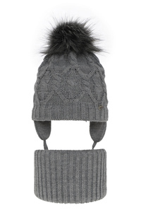 Girl's winter set: hat and tube scarf grey Elena with pompom