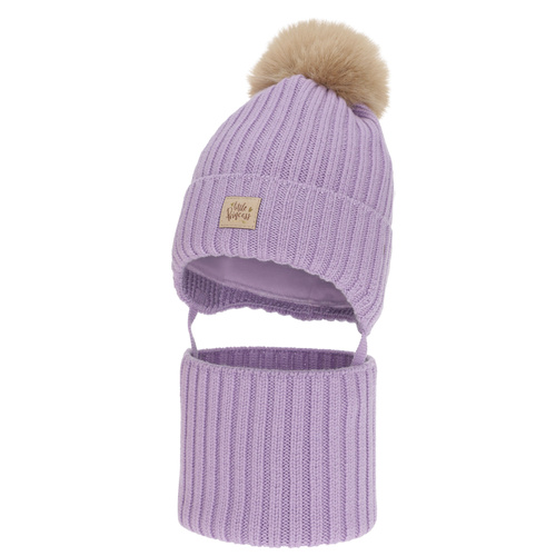 Girl's winter set: hat and tube scarf, purple, 100% merino wool, with ears, cotton lining, Malesia