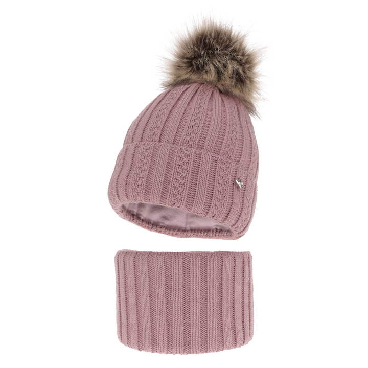 Girl's winter set: hat and tube scarf pink Wirginia with pompom