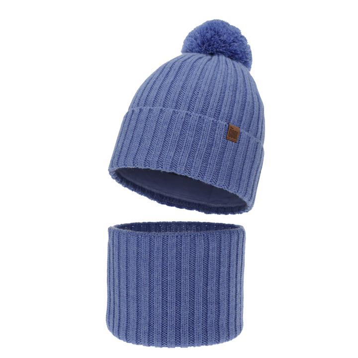 Boy's winter set: hat and tube scarf, blue, 100% merino wool, cotton lining, Tolmar