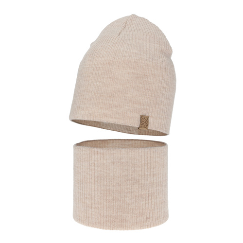Girl spring autumn set hat and tube scarf beige 100% extra fine merino wool Ricona