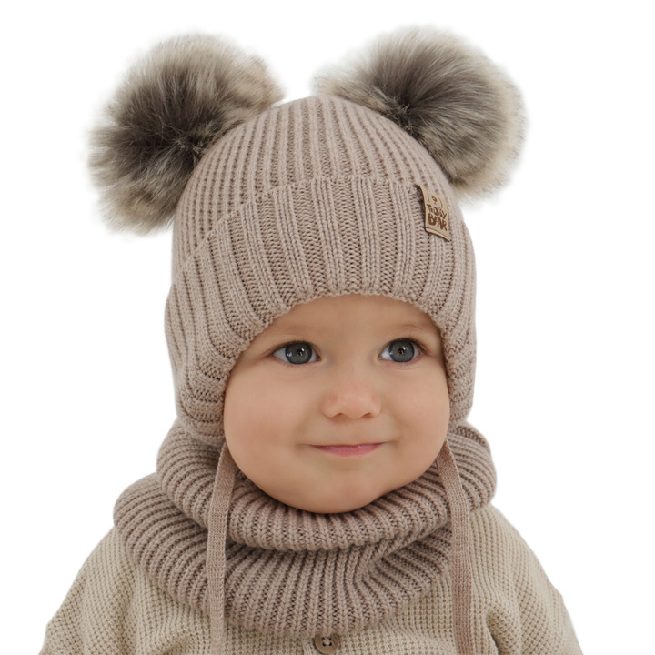 Boy's winter set: hat and tube scarf beige 100% extra fine merino wool Konor