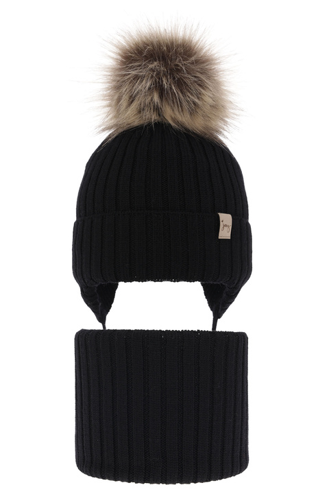 Girl's winter set: hat and tube scarf black made of 100% extra fine merino wool Junika