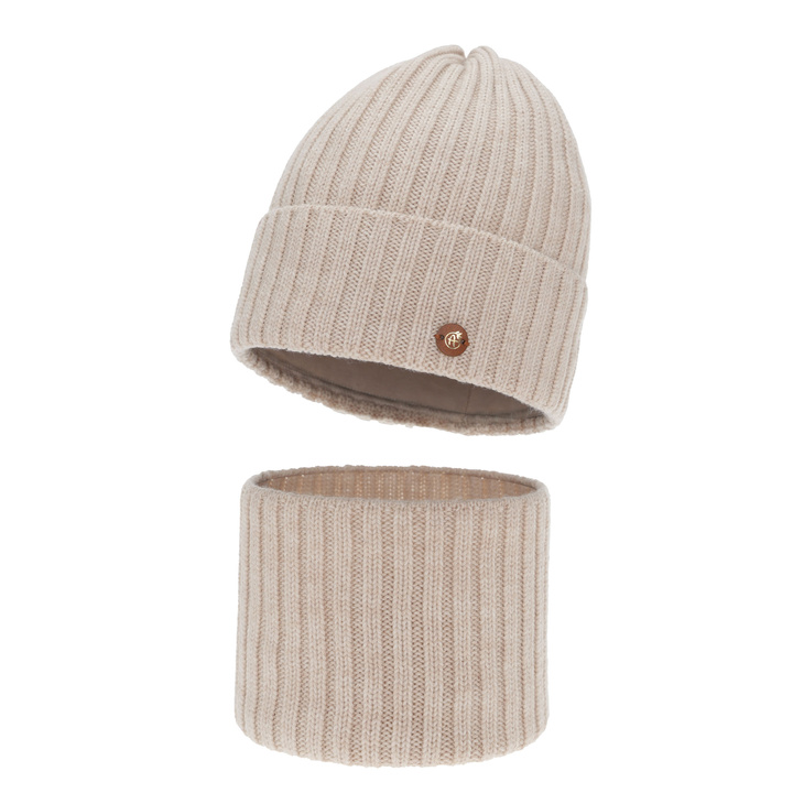 Girl's winter set: hat and tube scarf, beige, 100% merino wool, cotton lining, Vanira