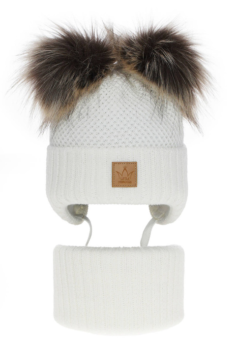 Girl's winter set: hat and tube scarf white Minsi with two pompom