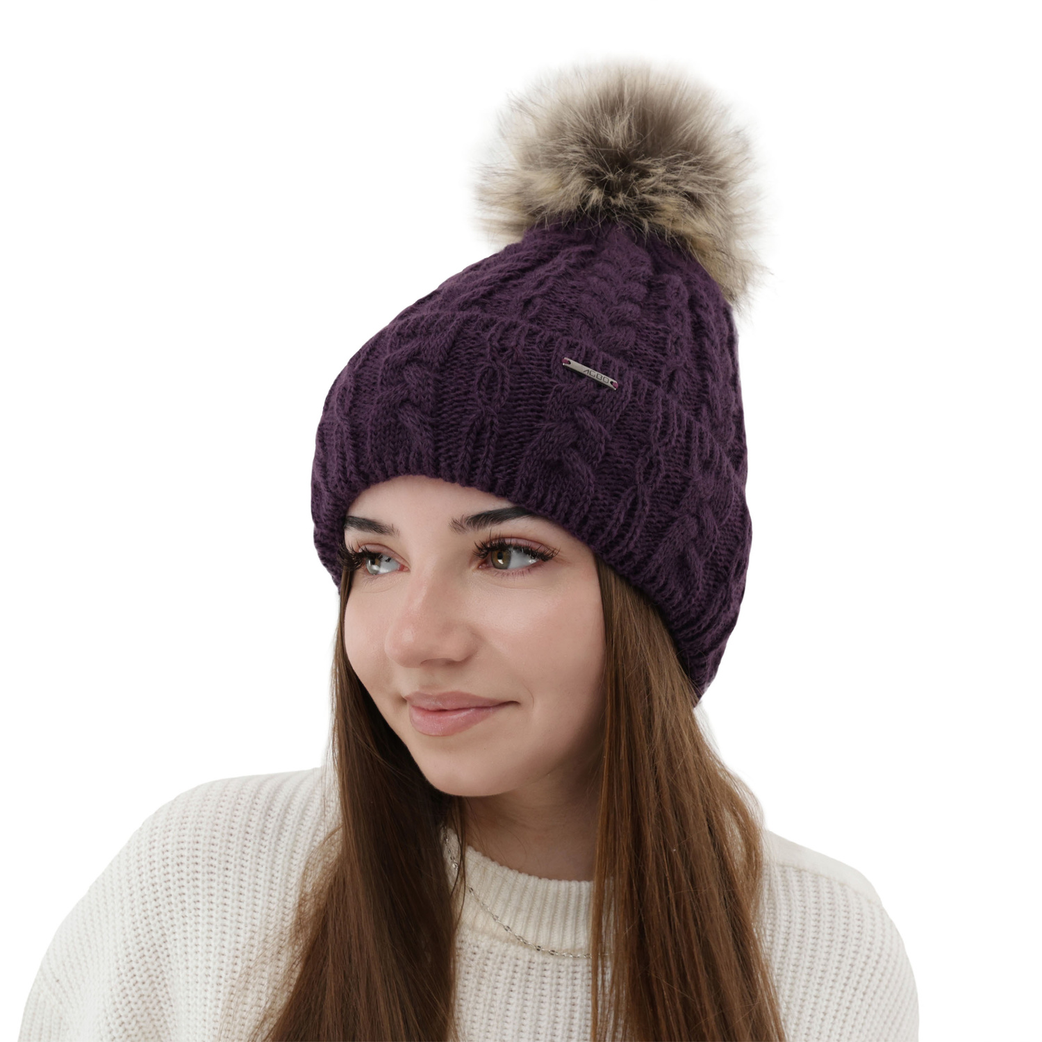 Woman's winter hat violet Omega with pompom