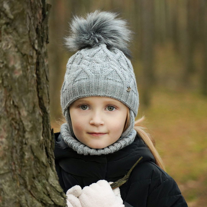 Girl's winter set: hat and tube scarf white Elena with pompom