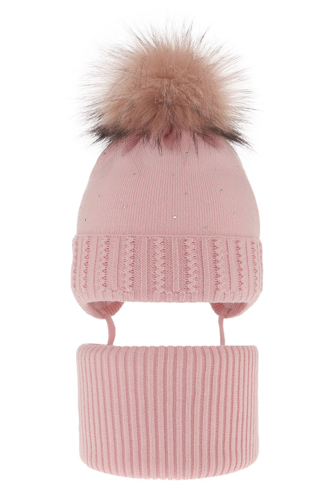 Girl's winter set: hat and tube scarf pink with pompom Renia