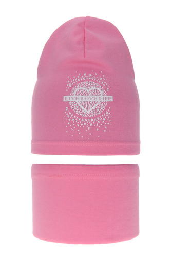 Girl's spring/ autumn cotton set: hat and tube scarf pink Esmeralda