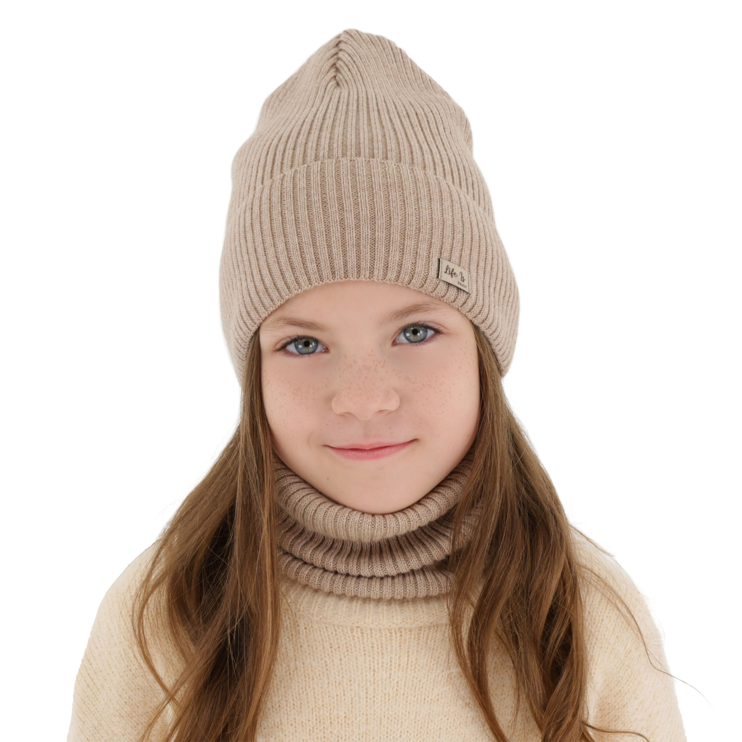 Girl spring autumn set hat and tube scarf beige 100% extra fine merino wool Itra