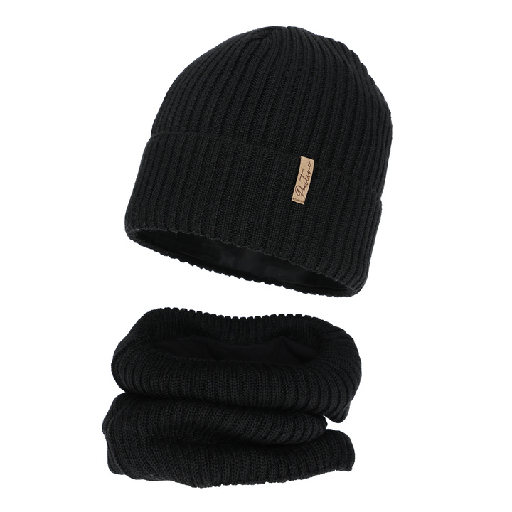 Hat and tube scarf lined with fleece for girl winter set, black, with merino wool, Odette