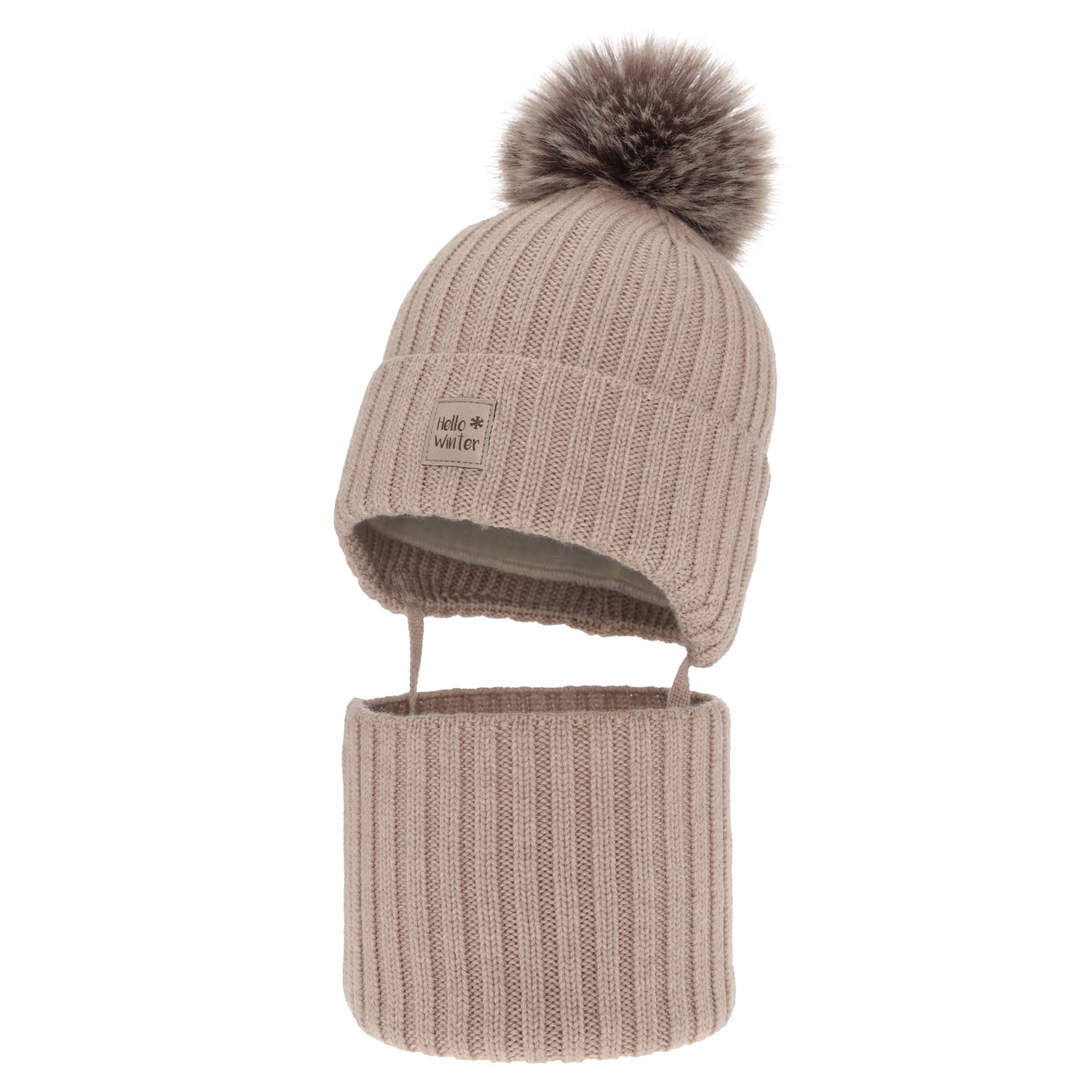 Boy's winter set: hat and tube scarf, beige, 100% extra fine merino wooll, lined with wool fleece Morti