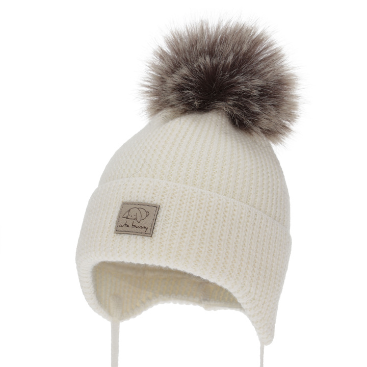 Girl's winter hat, cream, with ears, 100% merino wool, Jena