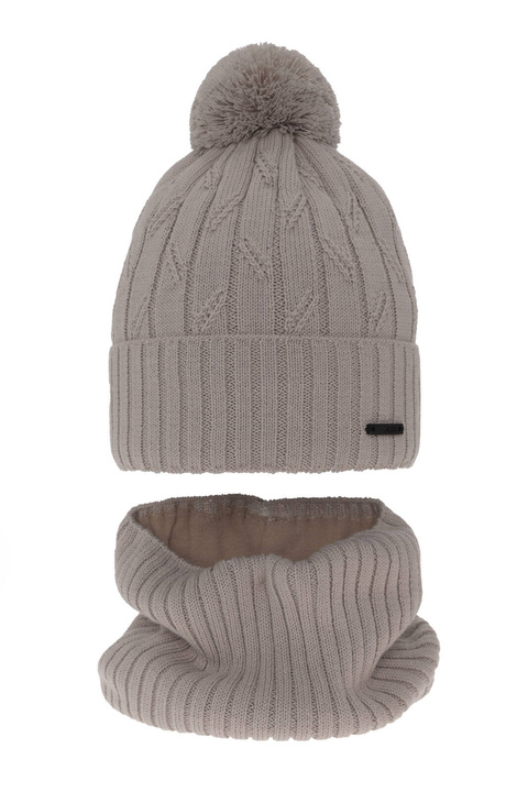 Boy's winter set: hat and tube scarf beige merino wool Talar with pompom
