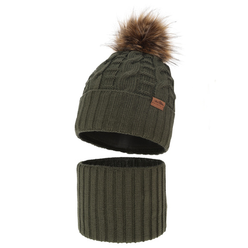 Boy's winter set: hat and tube scarf khaki with pompom Cent
