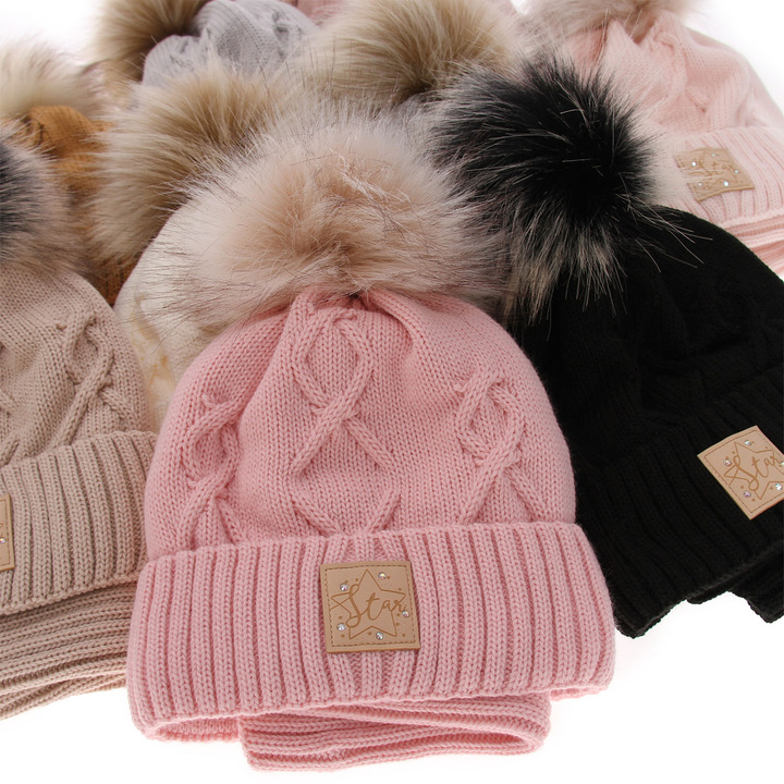 Girl's winter set: hat and tube scarf grey Dina with pompom