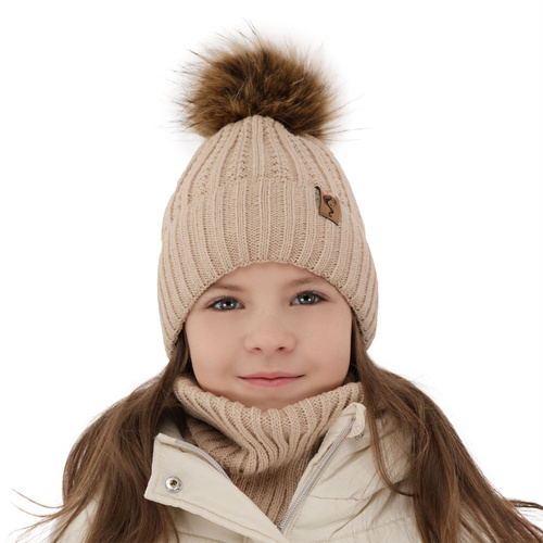 Girl's winter set: hat and tube scarf pink Larina with pompom