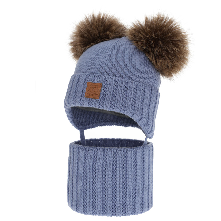 Boy's hat and snood, winter set, blue, 100% merino wool, lined with wool fleece, Ronik