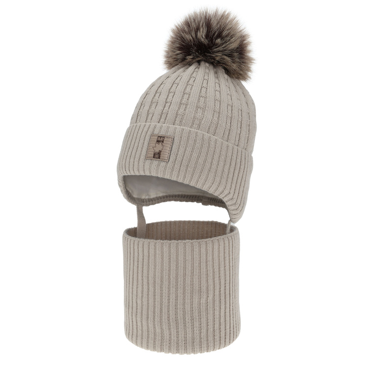 Boy's winter set: hat and tube scarf, beige, with pompom, Fiamanto