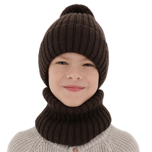 Boy's winter set: hat and tube scarf, black, 100% merino wool, cotton lining, Tolmar