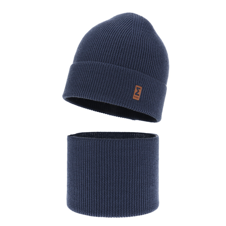 Boy's spring/ autumn set: hat and tube scarf blue 100% extra finemerino wool Bruce