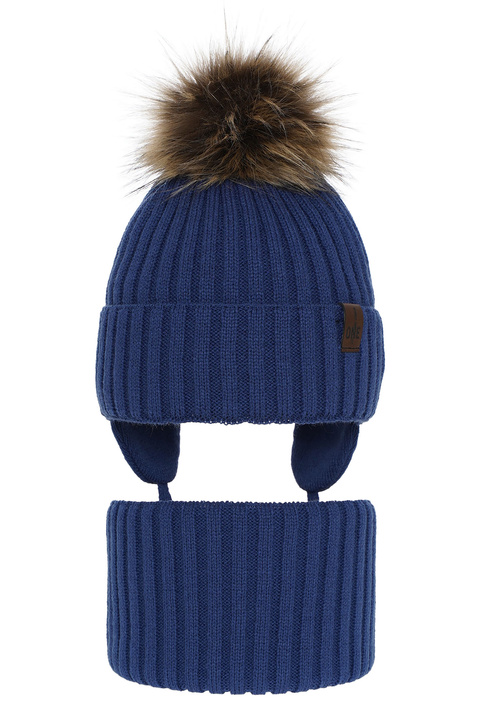 Boy's winter set: hat and tube scarf blue Puzel with pompom