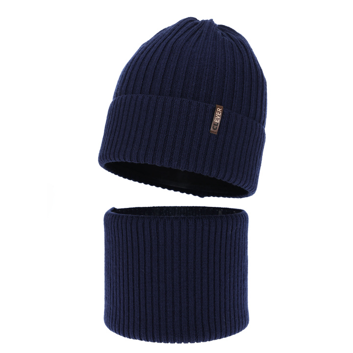 Boy's winter set: hat and tube scarf, navy blue, 100% merino wool, Gizmo