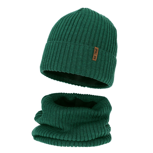 Hat and tube scarf with polar lining for boy winter set, green, with merino wool, Colton
