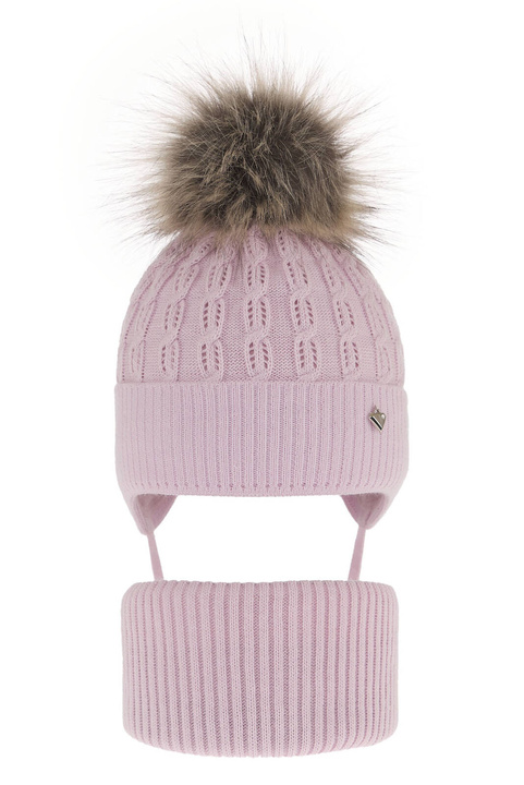 Girl's winter set: hat and tube scarf violet with pompom Tukana