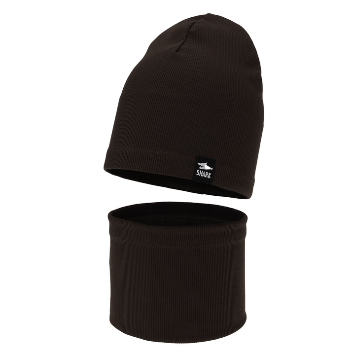 Boy's spring, autumn set: hat and tube scarf, dark brown, Rumel