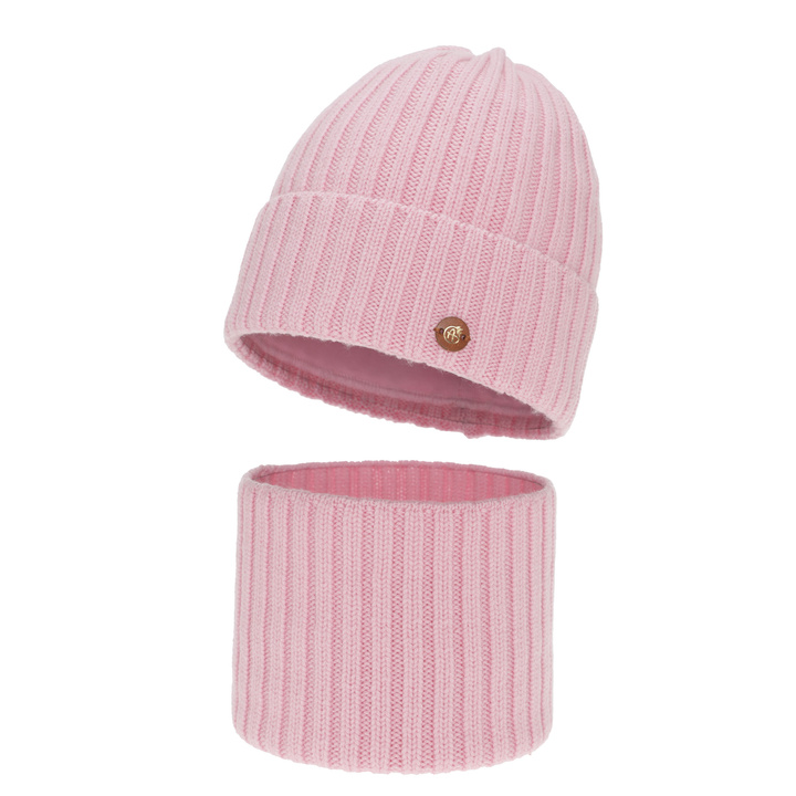 Girl's winter set: hat and tube scarf, pink, 100% merino wool, cotton lining, Vanira