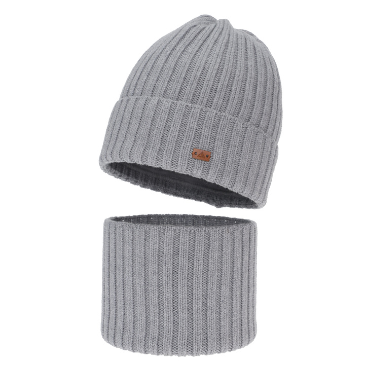 Boy's winter set: hat and tube scarf, light gray, 100% merino wool, Umberto
