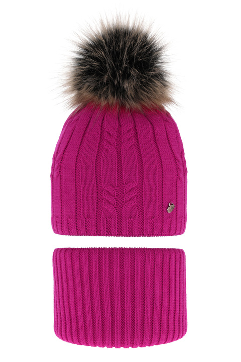 Girl's winter set: hat and tube scarf pink Amaltea with pompom