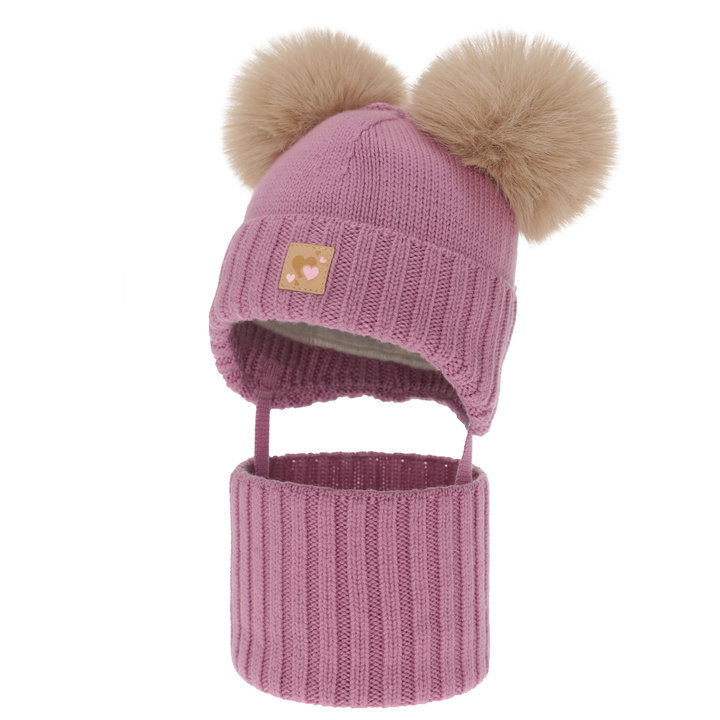 Girl's hat and tube scarf, winter set, purple, 100% merino wool, lined with wool fleece, Ronia