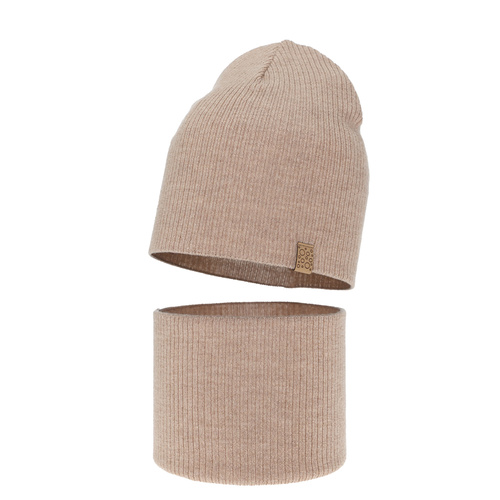 Girl spring autumn set hat and tube scarf beige 100% extra fine merino wool Ricona