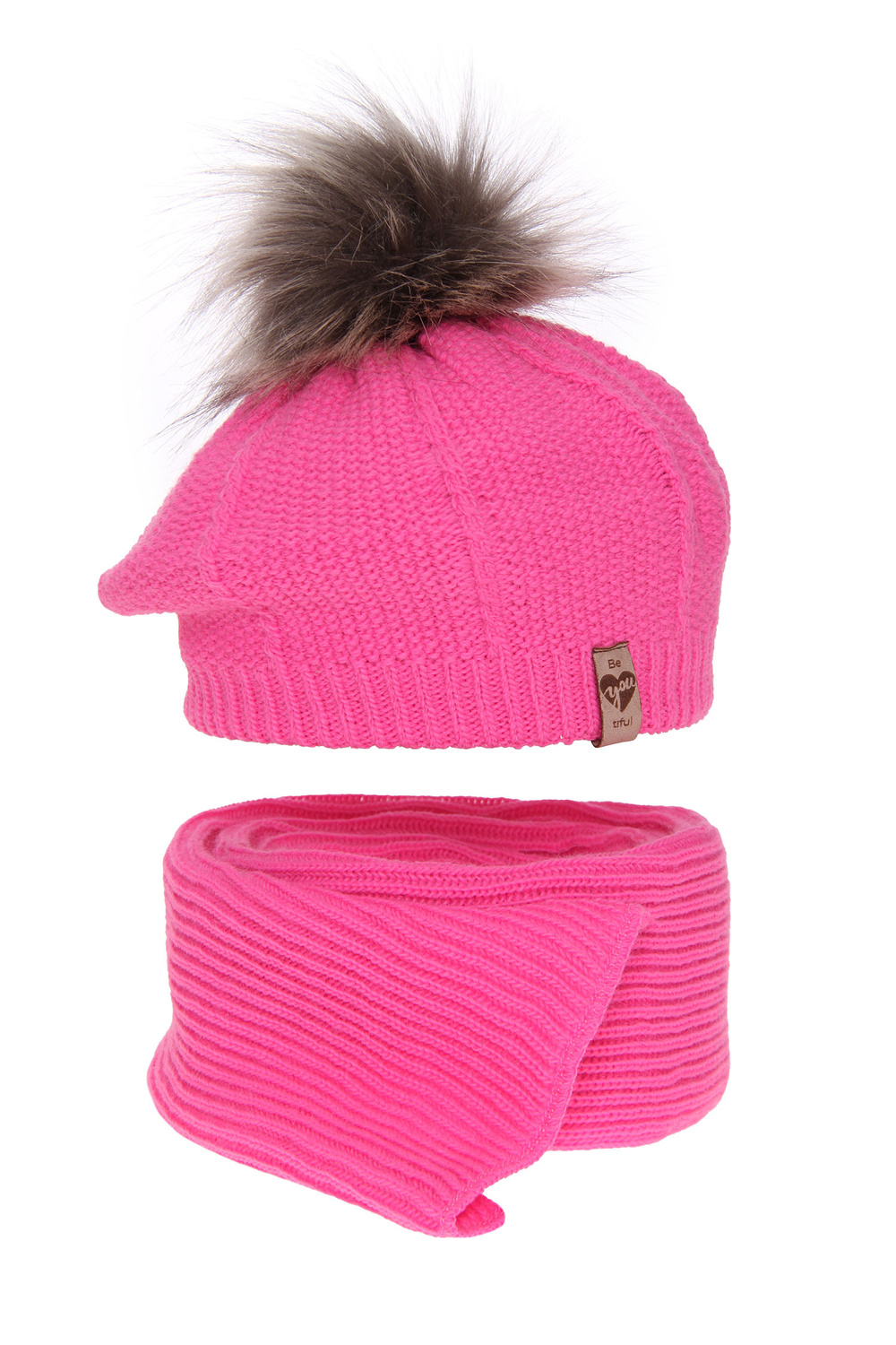 Girl's winter set: hat and scarf pink Elif with pompom