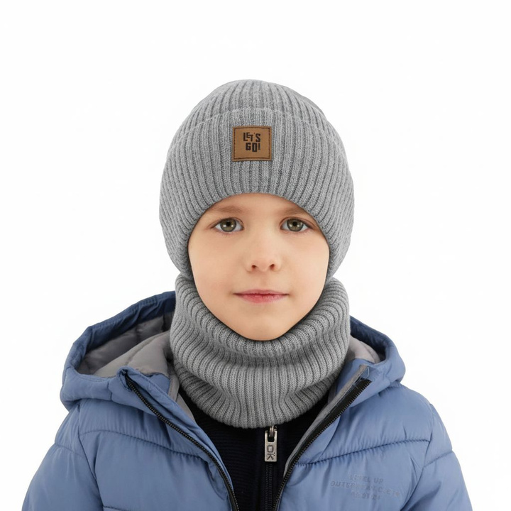 Boy's spring, autumn set: hat and tube scarf grey 100% merino wool Vanto