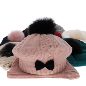 Girl's winter set: hat and tube scarf navy blue Amora with pompom