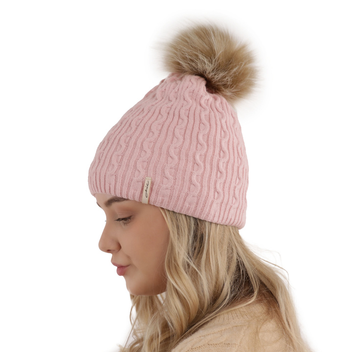 Woman's winter hat beige Xena with pompom