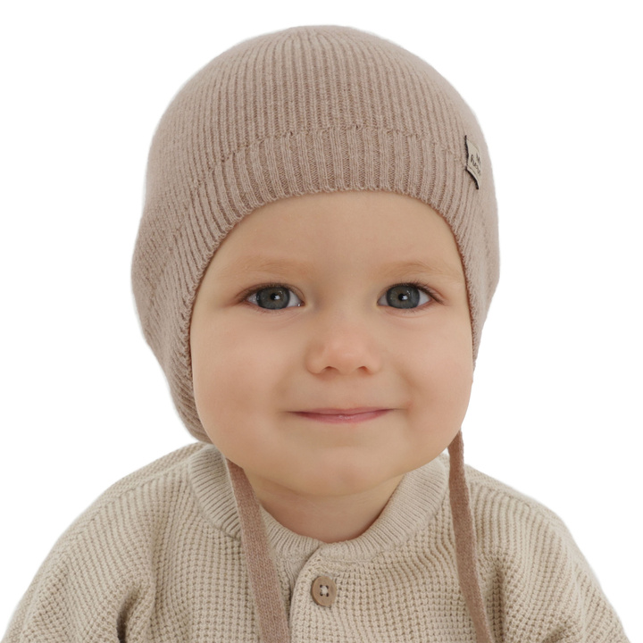 Boy's spring/ autumn hat, dark beige, merino wool with cashmere, with ears, Tono
