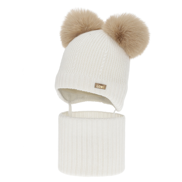 Girl's hat and tube scarf, winter set, white, 100% merino wool, lined with wool fleece, Lumia