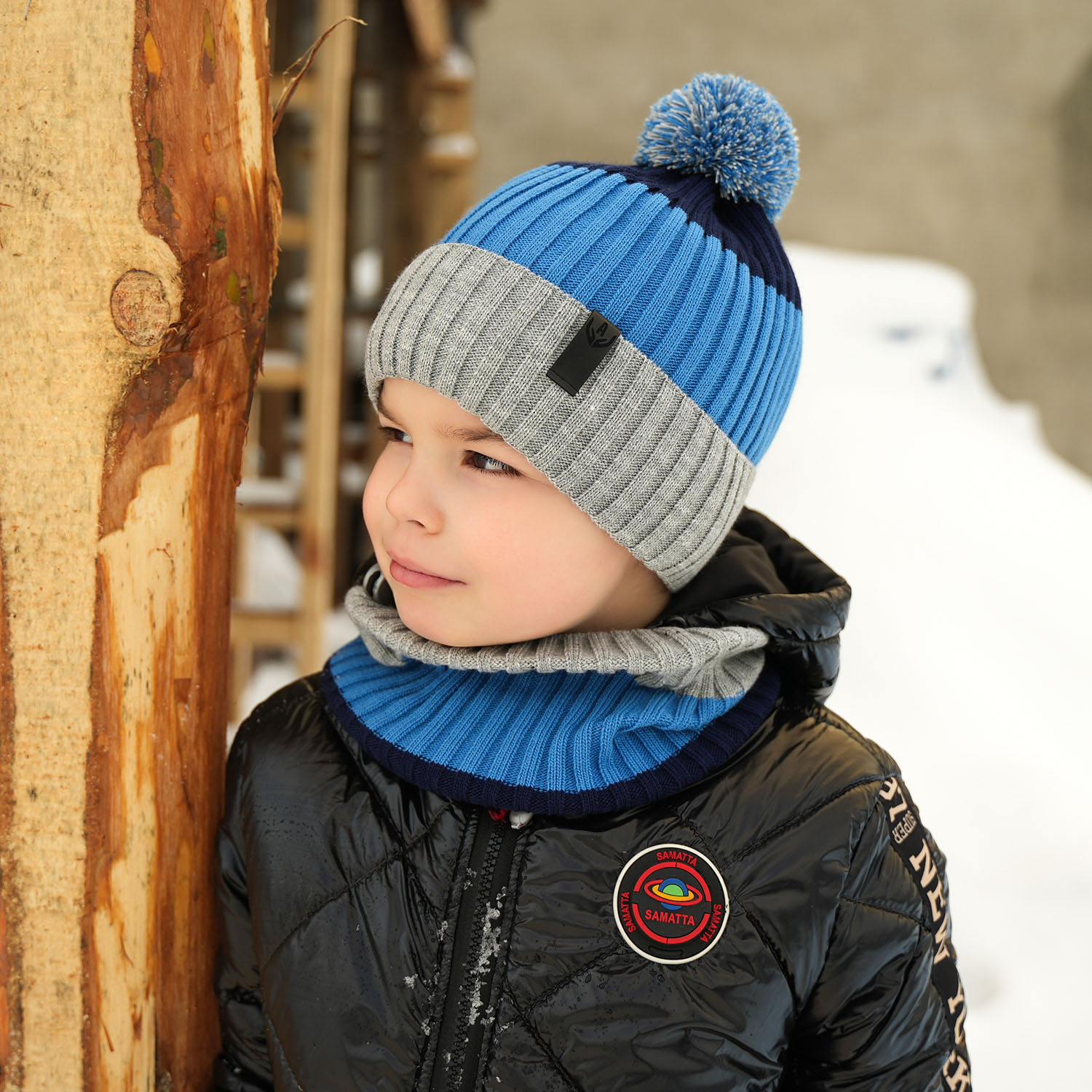 Boy's winter set: hat and tube scarf mustard Karson with pompom