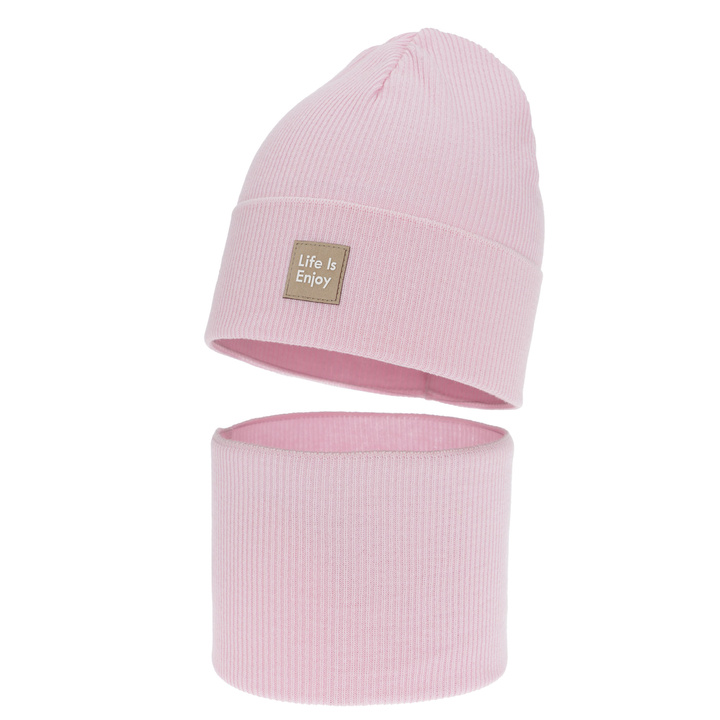 Girl's spring, autumn set: hat and tube scarf, with cotton, pink, Zola