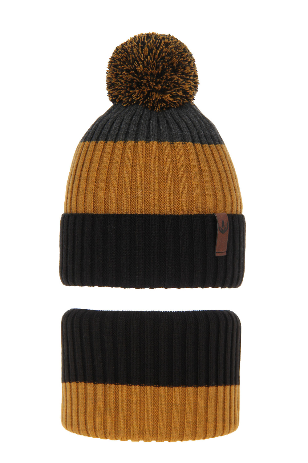 Boy's winter set: hat and tube scarf black Karson with pompom