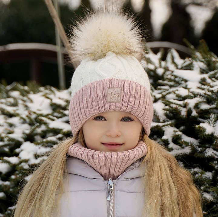 Girl's winter set: hat and tube scarf pink Dara with pompom