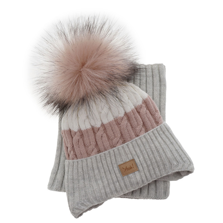 Girl's winter set: hat and tube scarf grey Riviera with pompom