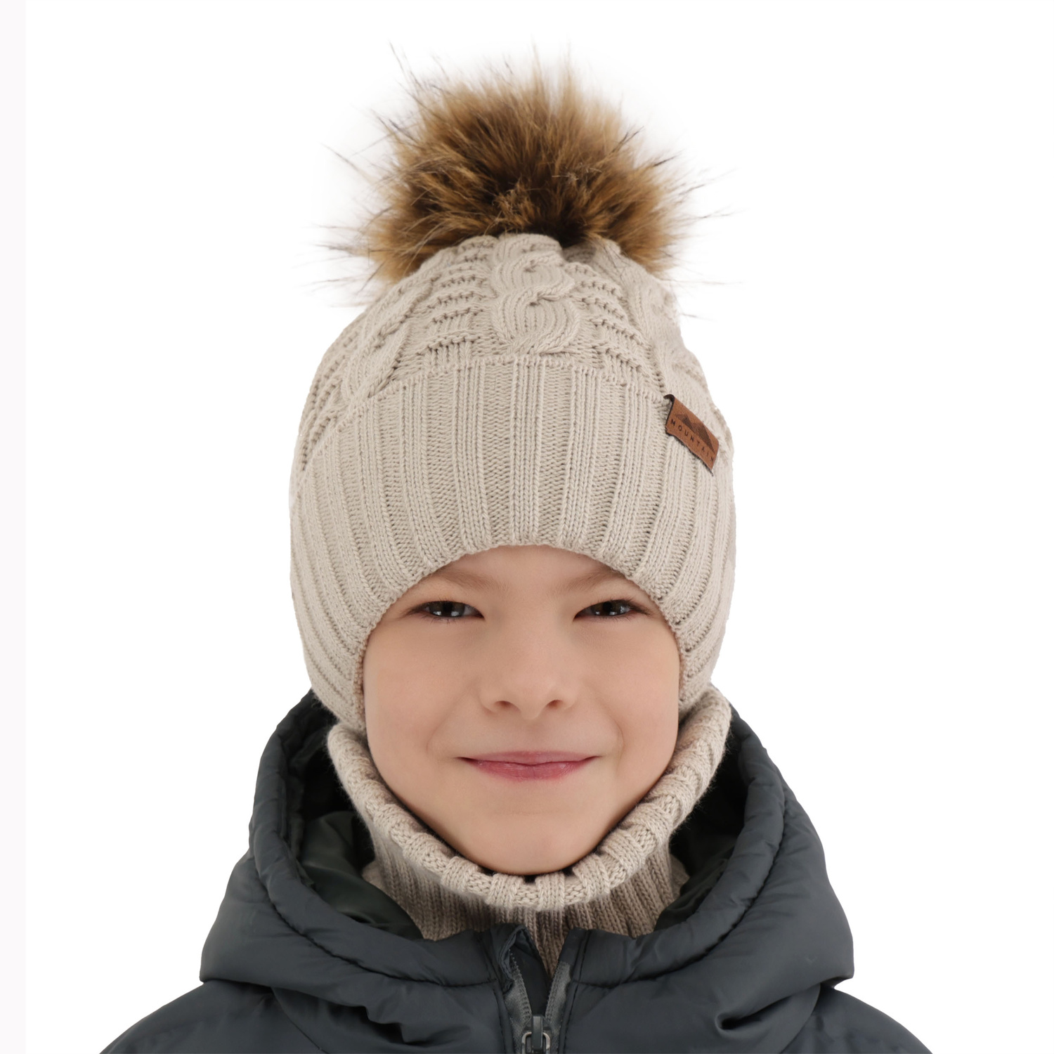 Boy's winter set: hat and tube scarf khaki with pompom Cent